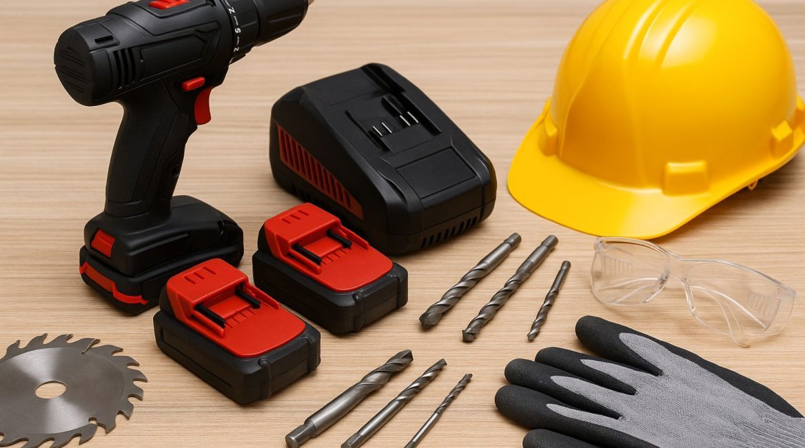 Ensemble d’accessoires pour outils électroportatifs posés sur une table en bois : perceuse sans fil, batteries, chargeur, forets, lame de scie, casque de chantier, gants et lunettes de protection.